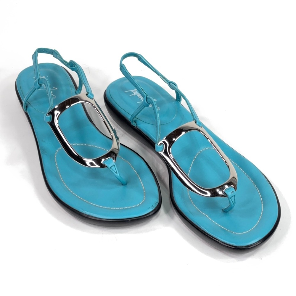 Jacques Levine Turquoise Leather Thong Sandals Silver Metal Oval Slingback Flat